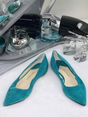 Paul Andrew Zoya Signature Wing Turquoise Blue Suede Flat, Size 36.5 (US 6.5)